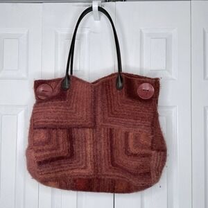 Handmade Wool Felt Tote Bag 21" Leather Handles Boho Artisan Large Button‎ Purse